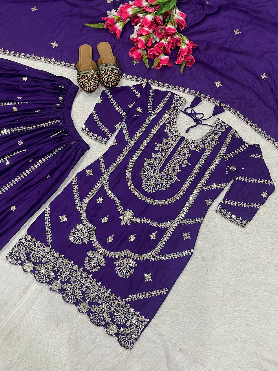 Wedding wear chinnon silk kurta and flared palazzo with dupatta sets