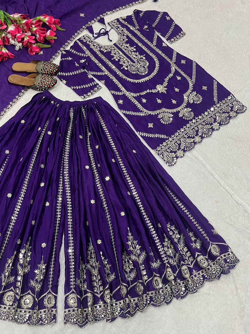 Wedding wear chinnon silk kurta and flared palazzo with dupatta sets