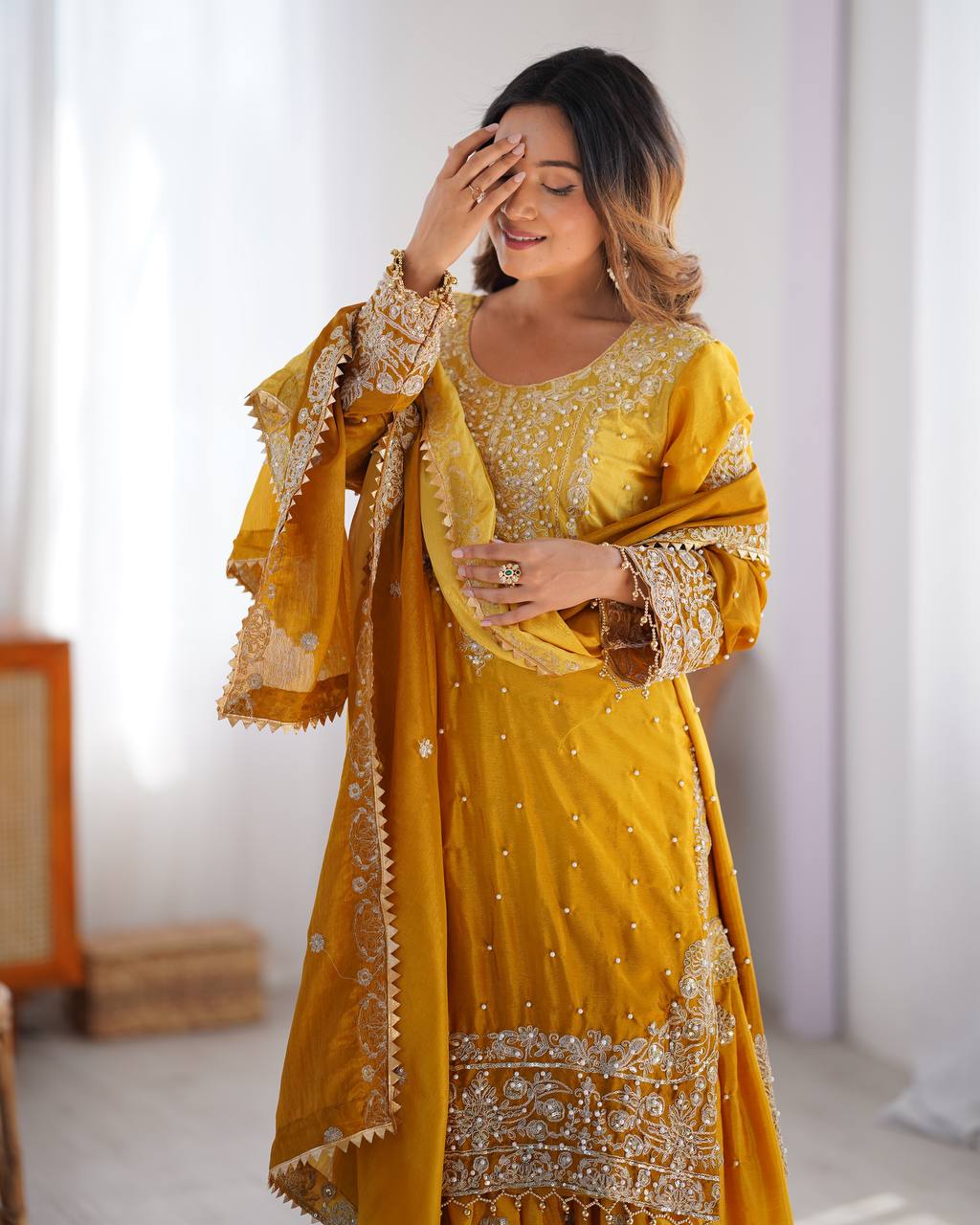 Designer silk kurta palazzo with dupatta set