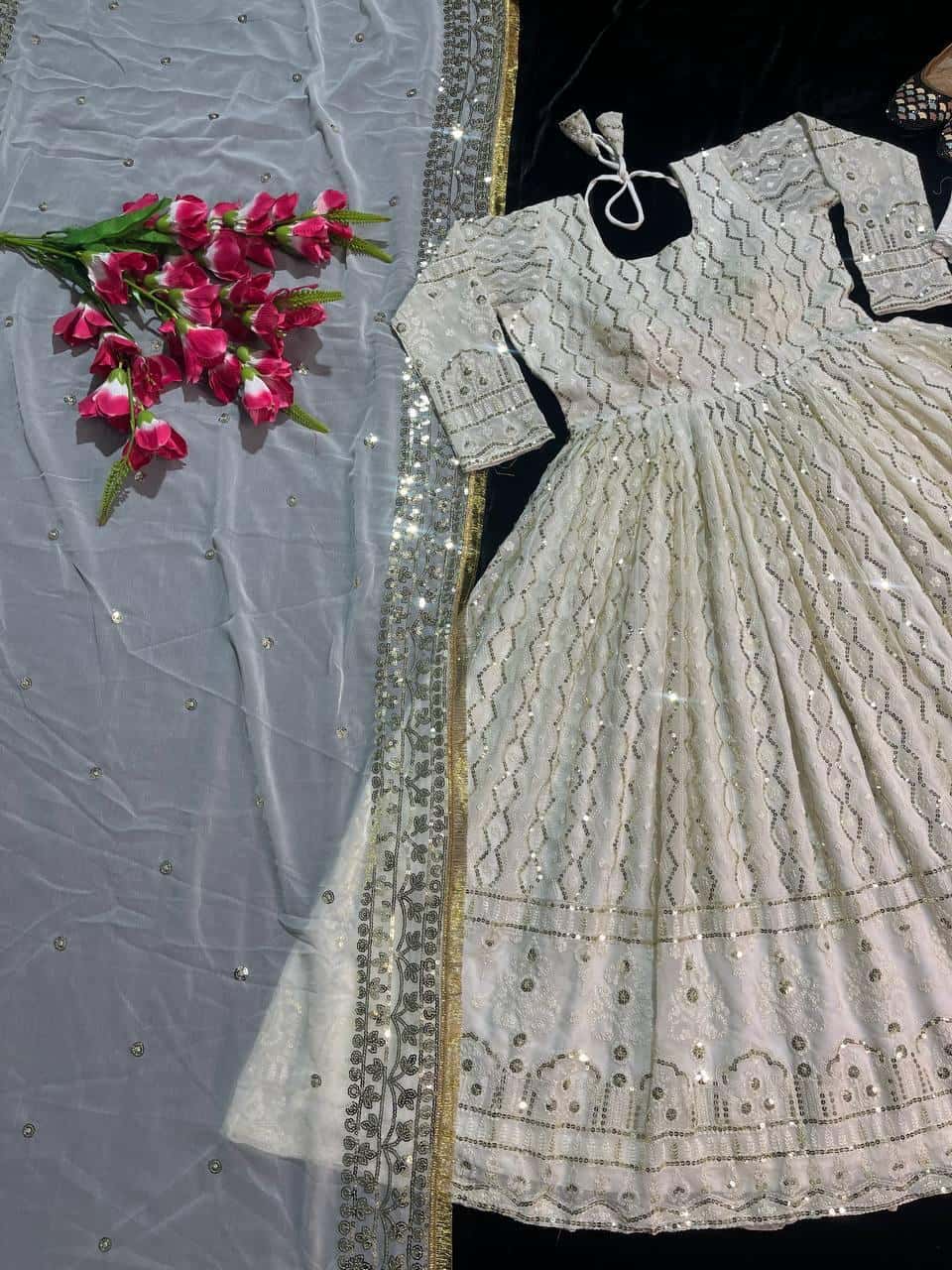 Heavy faux Georgette embroidery Gown Pant with Dupatta set