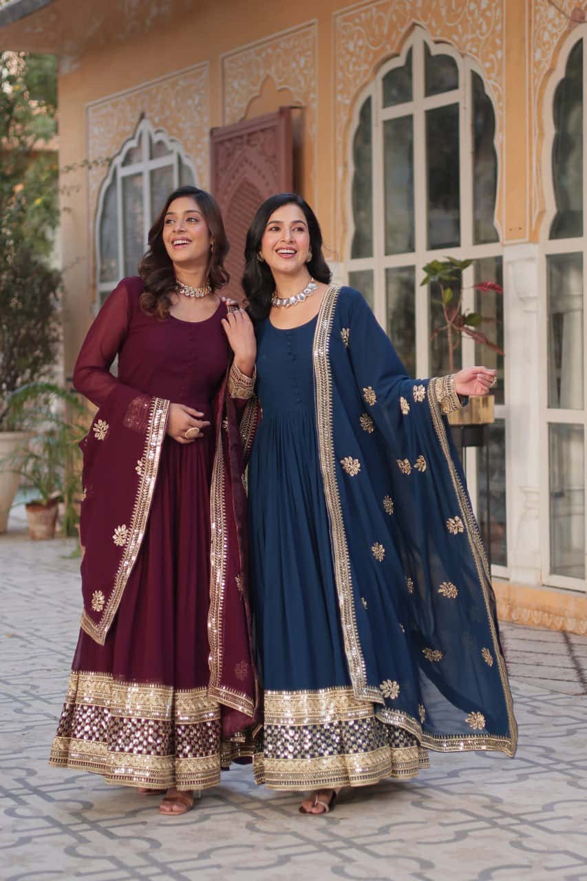 "Faux Blooming Embroidered Gown with Zari, Sequins, and Designer Dupatta"