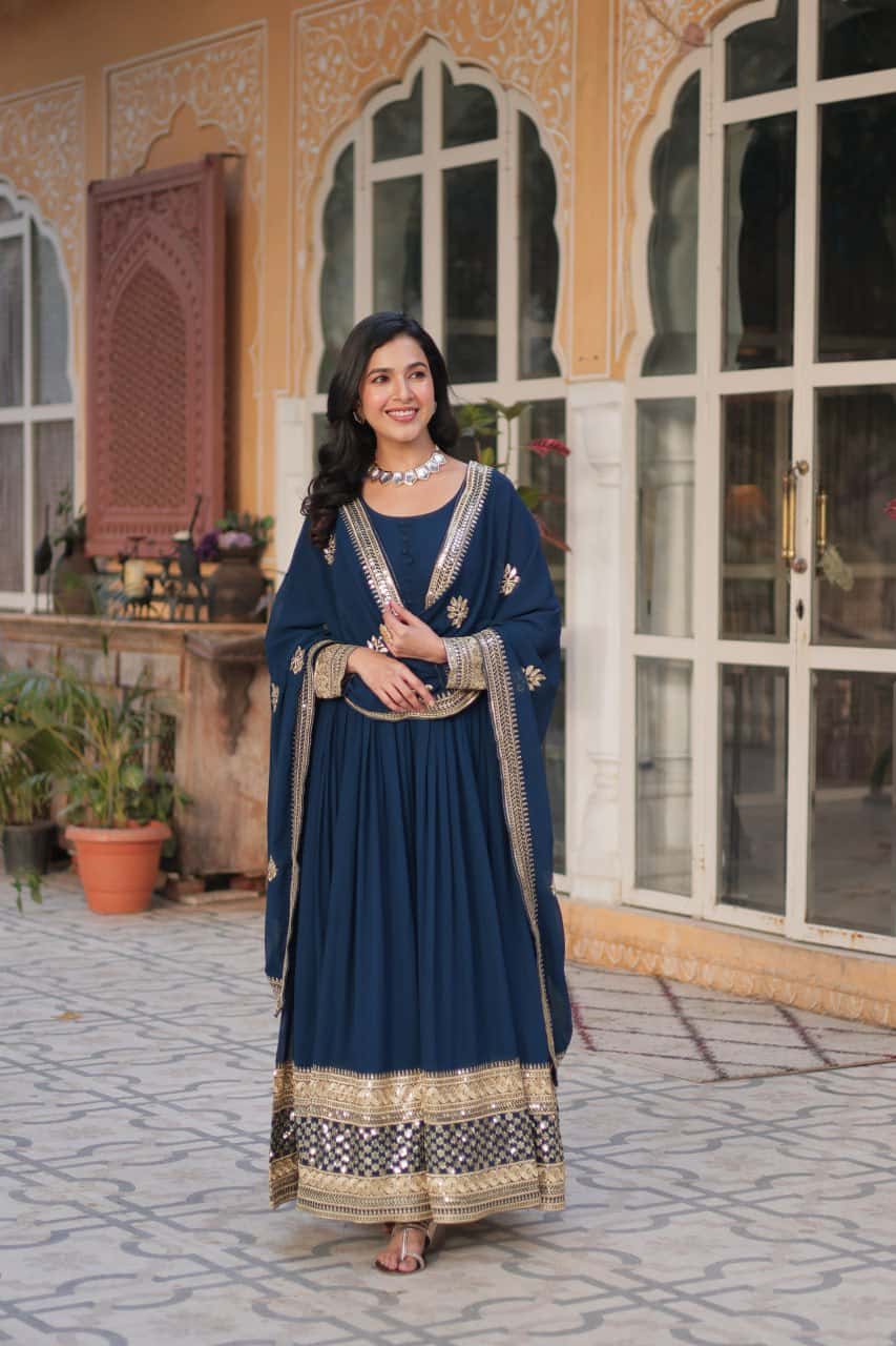 Luxury Designer Gown & Dupatta Set with Zari & Sequins Embroidery