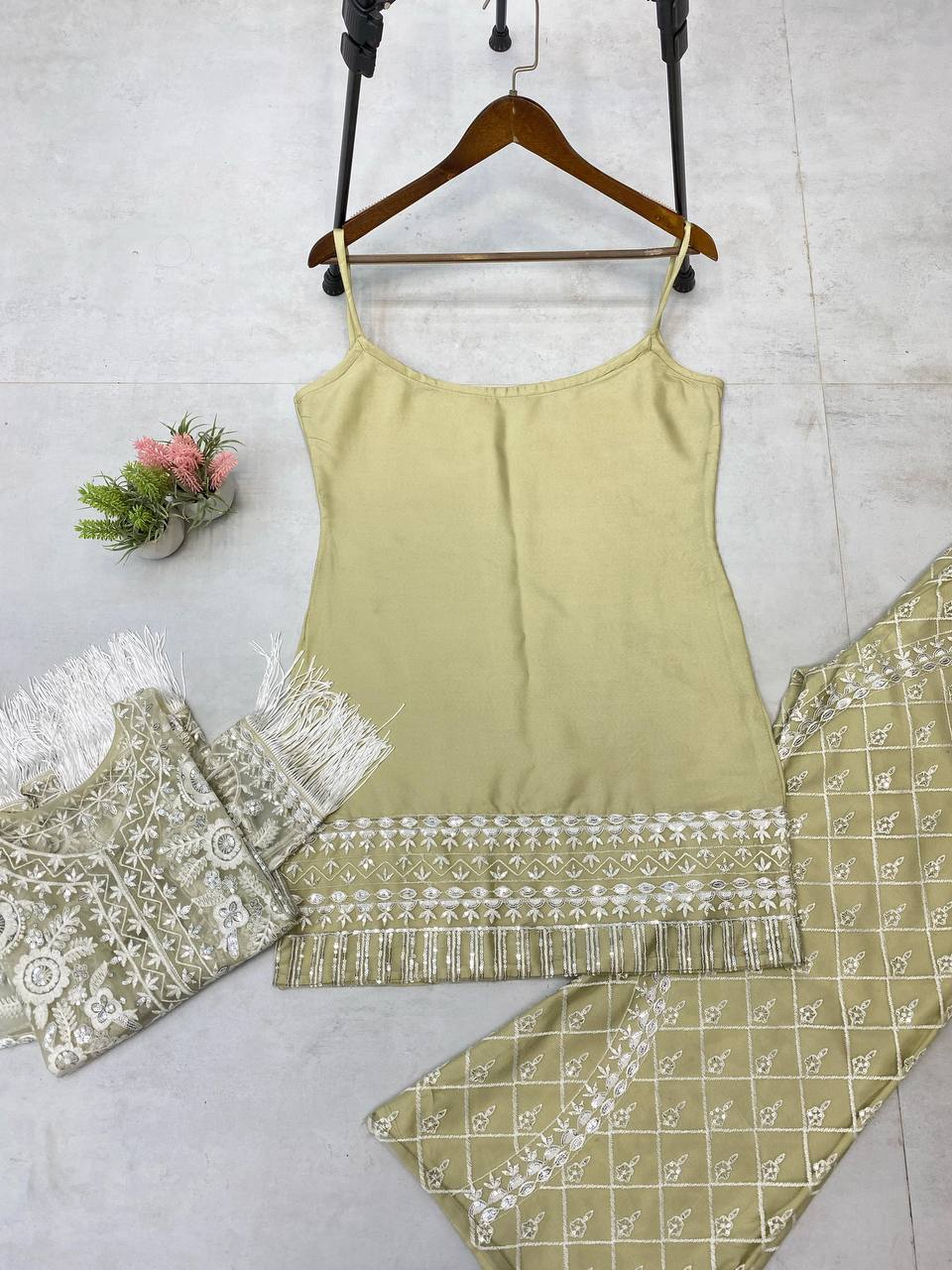 Designer Trending Top, Koti, and Plazzo Set with Sequence Embroidery Work