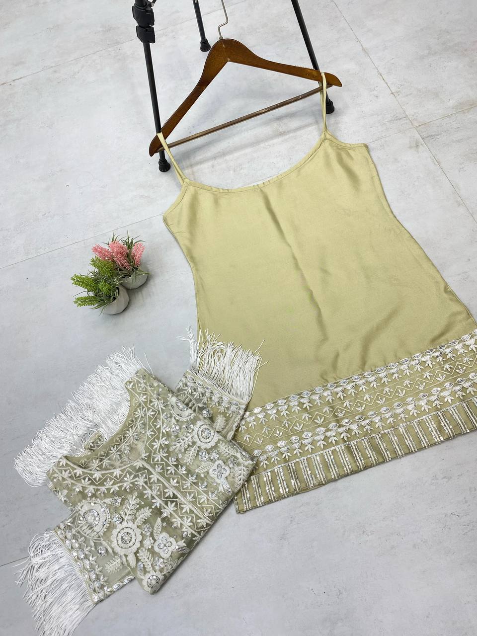 Designer Trending Top, Koti, and Plazzo Set with Sequence Embroidery Work