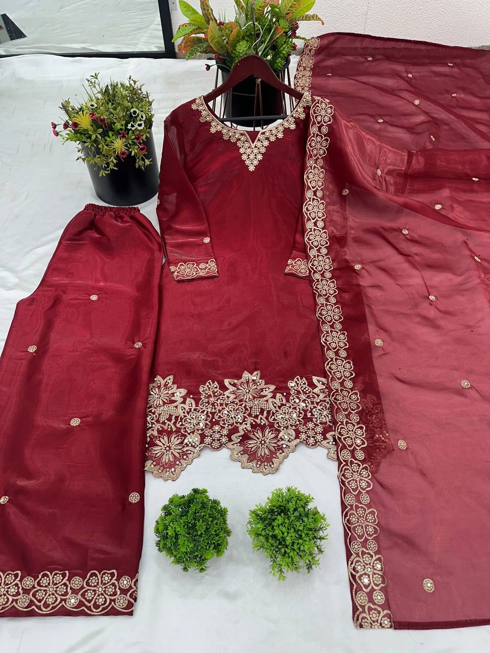 Latest designer silk hand embroidered short kurta palazzo with dupatta sets