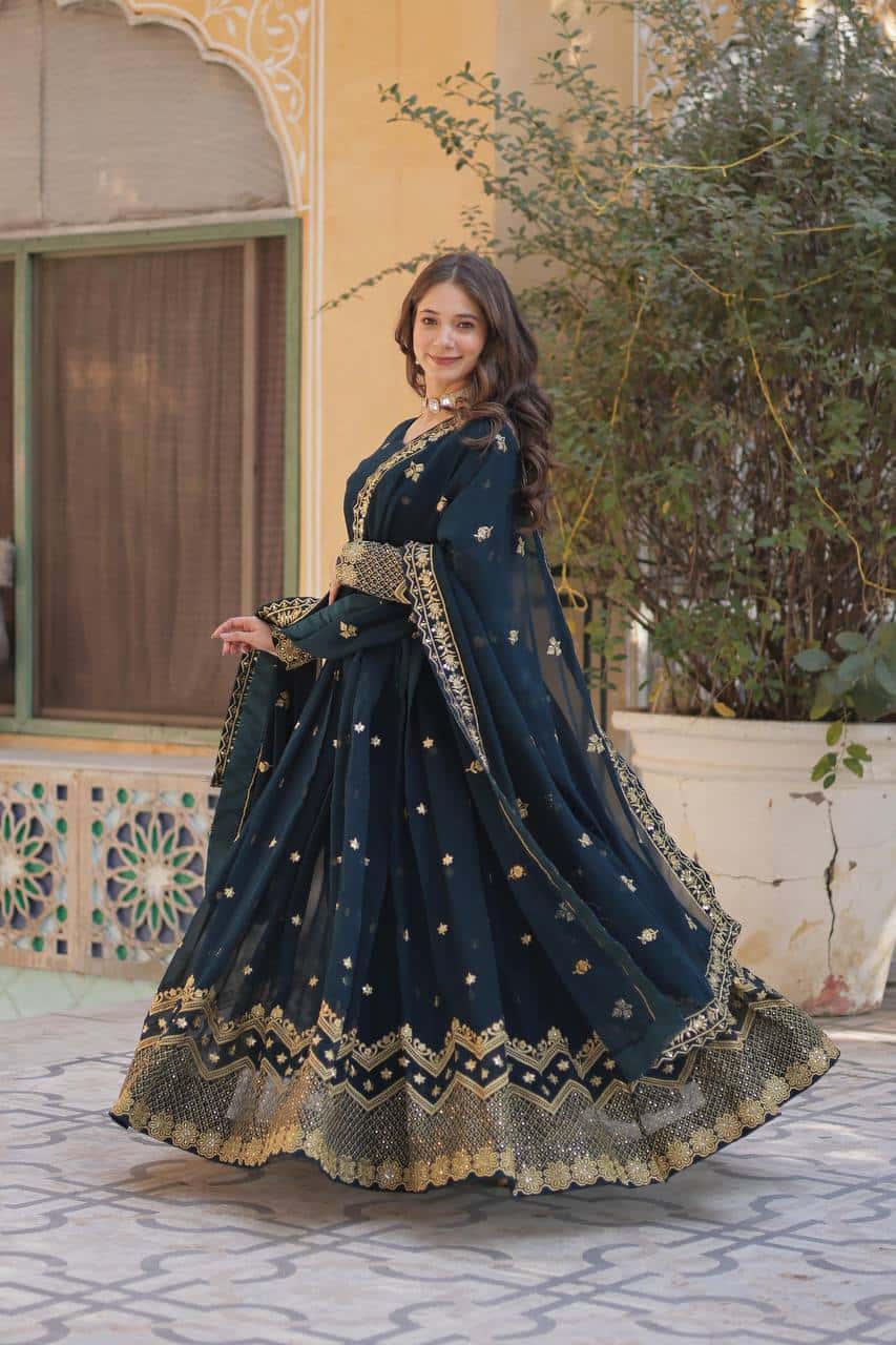 Premium Designer Gown with Fancy Neck & Embroidered Dupatta