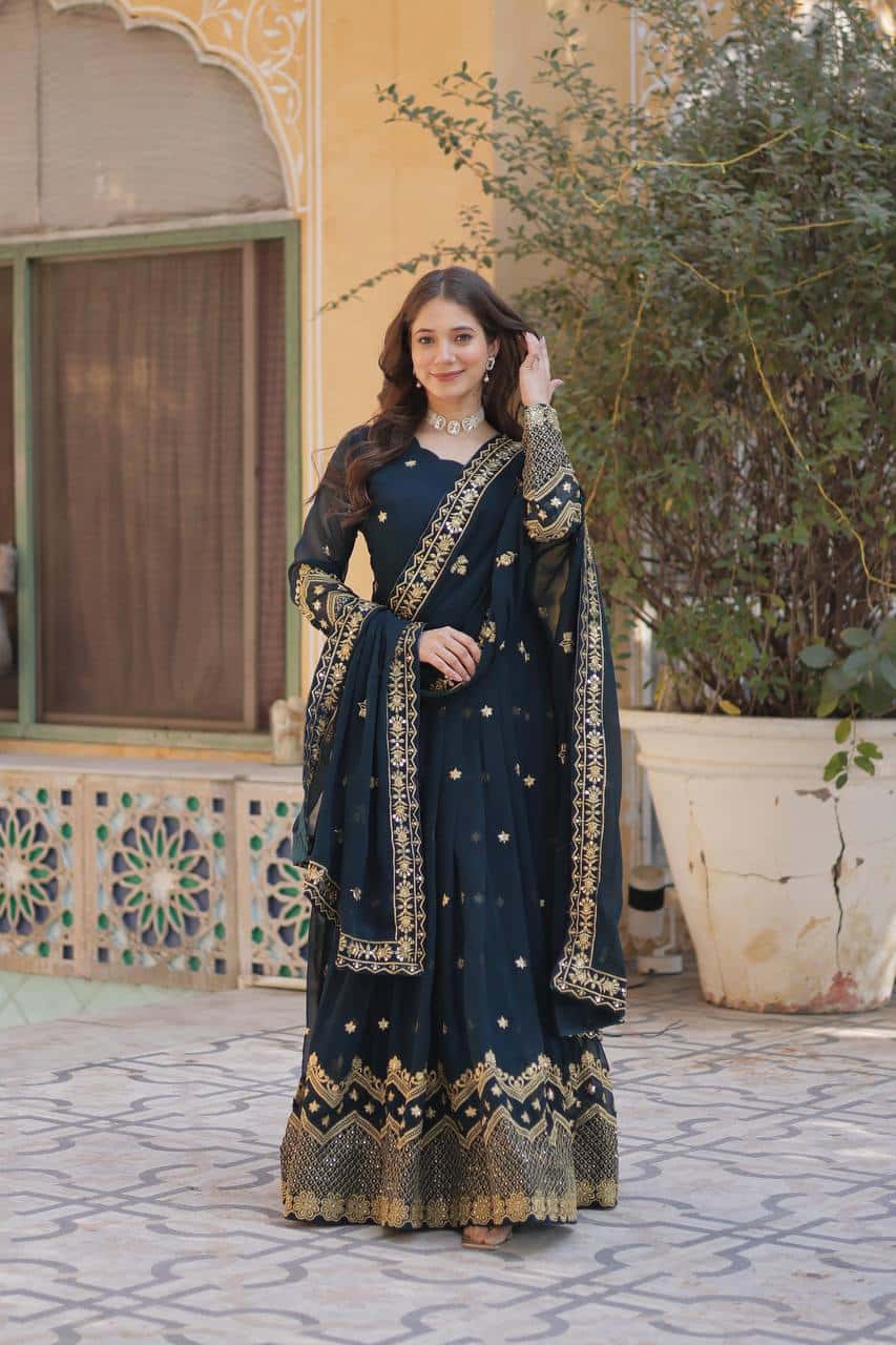 Premium Designer Gown with Fancy Neck & Embroidered Dupatta