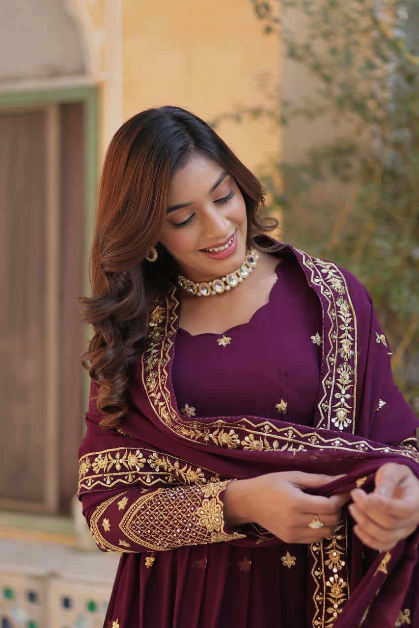 Premium Designer Gown with Fancy Neck & Embroidered Dupatta