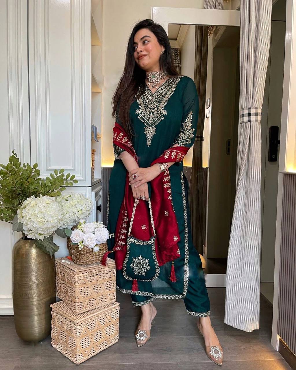 Designer chinnon silk kurta pant with dupatta sets