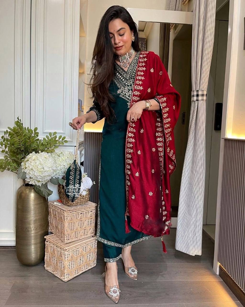 Designer chinnon silk kurta pant with dupatta sets