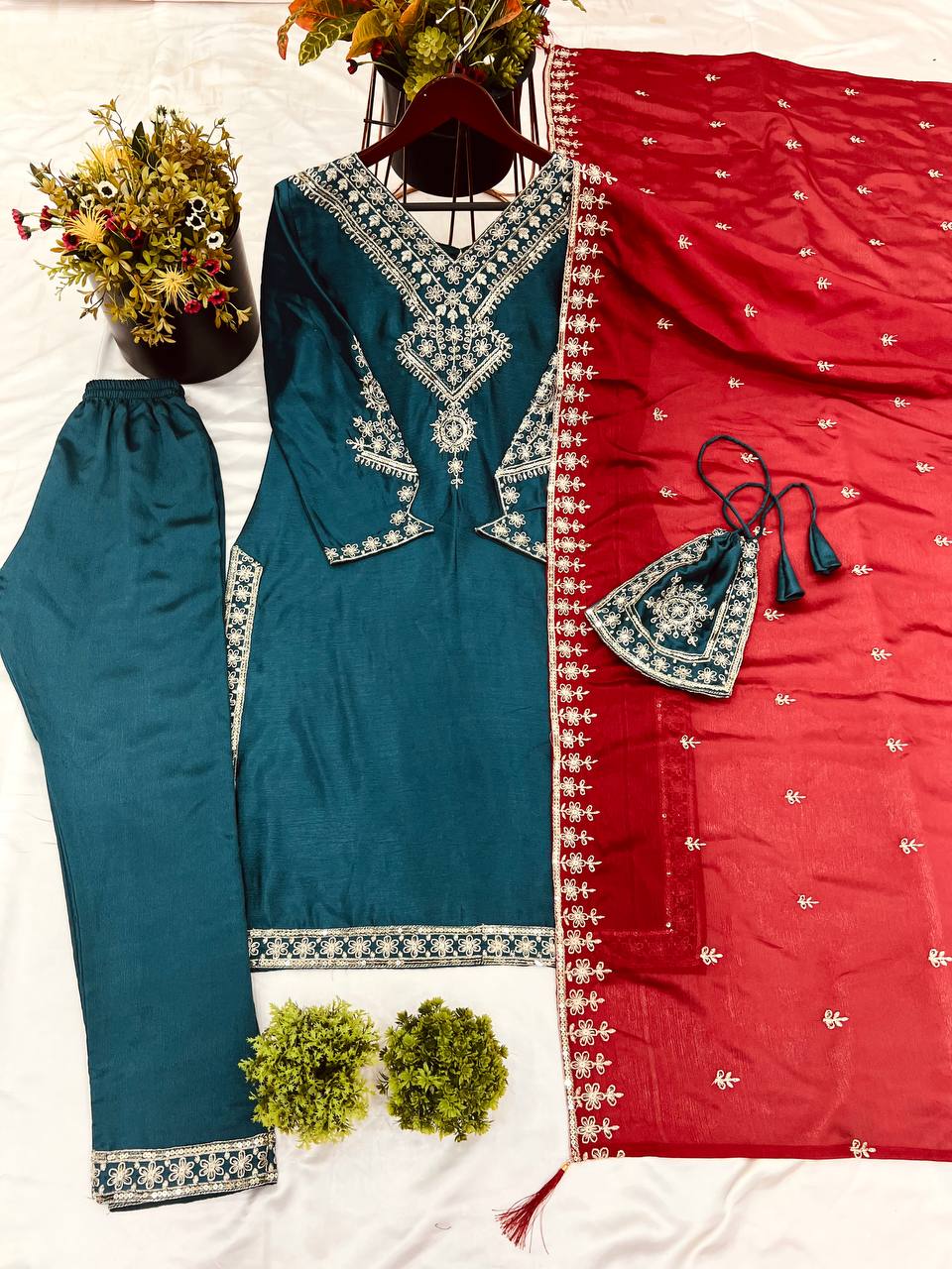 Designer chinnon silk kurta pant with dupatta sets