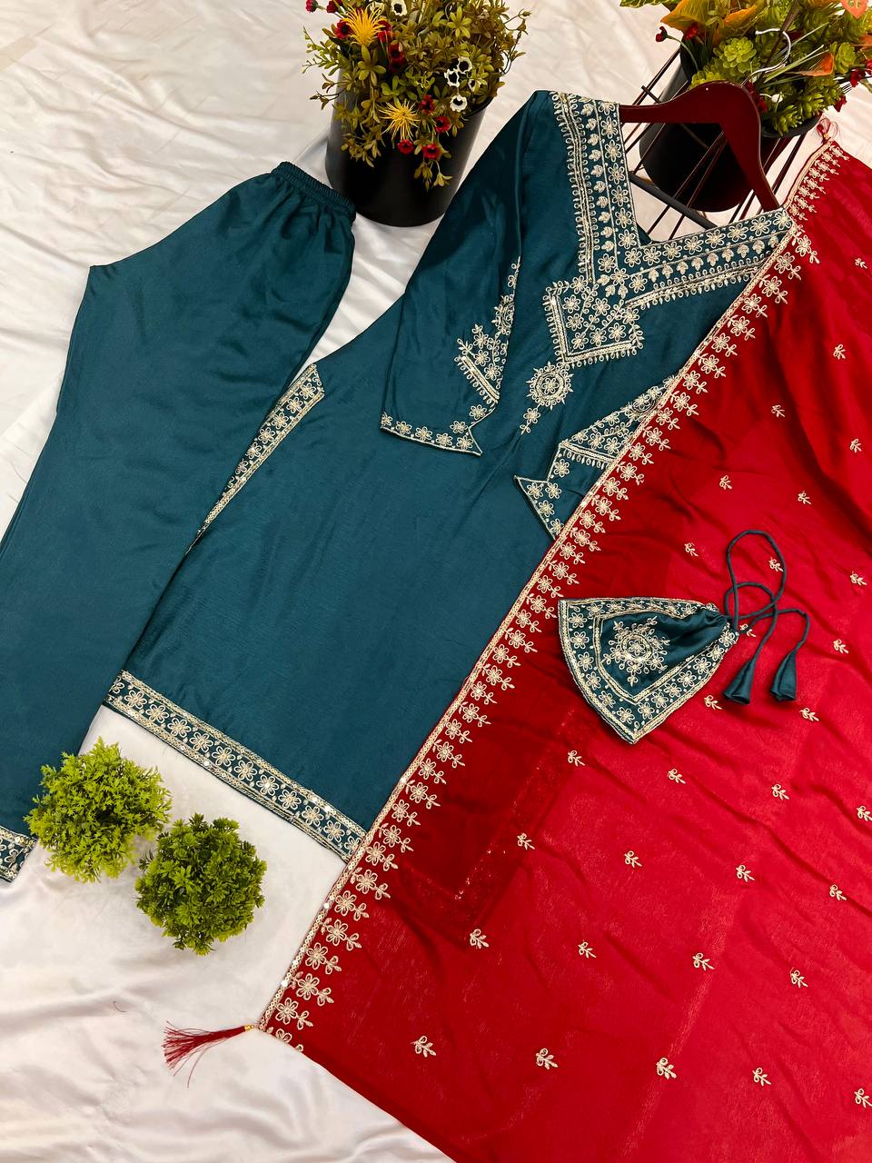 Designer chinnon silk kurta pant with dupatta sets
