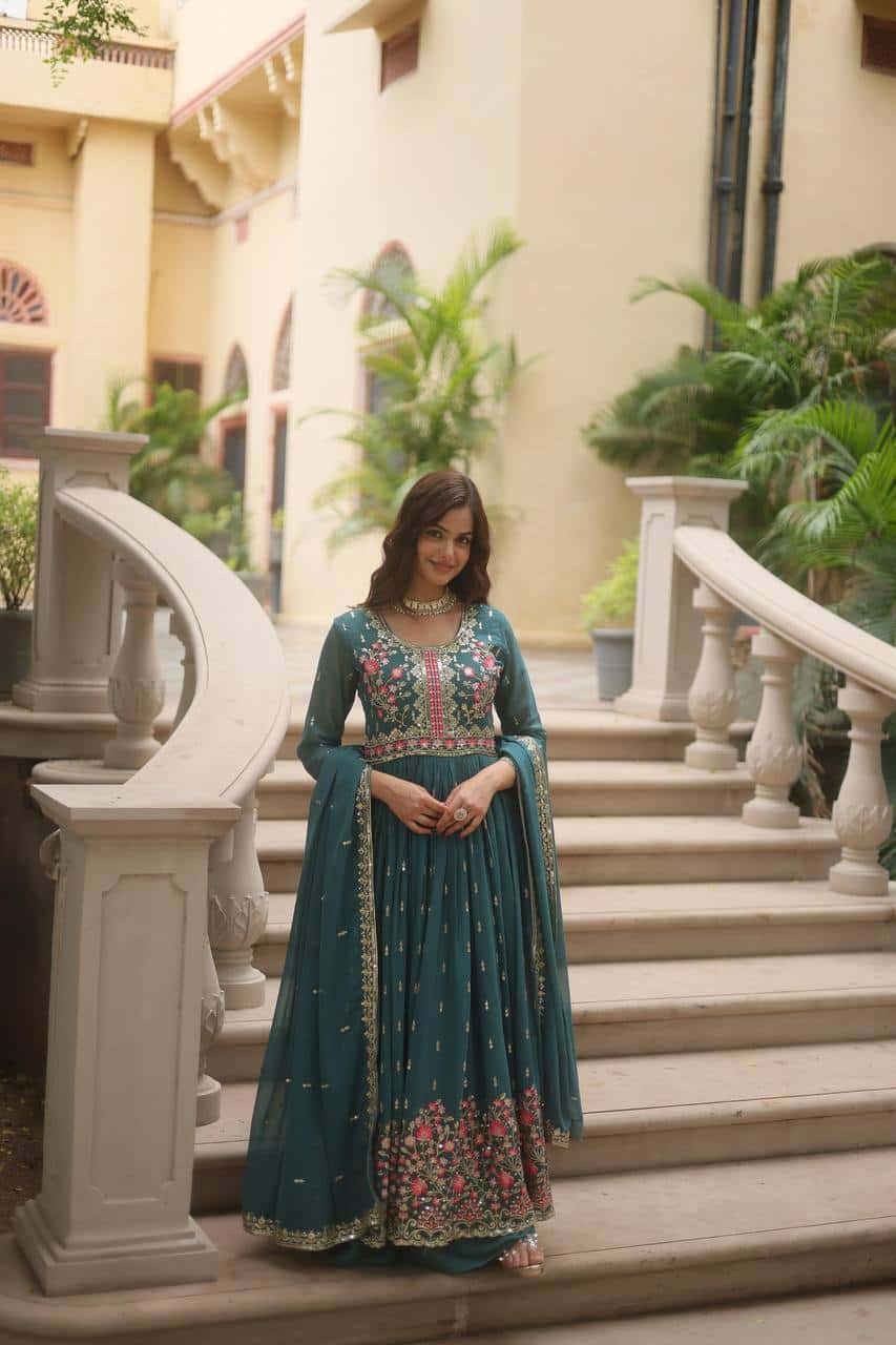 "Elegant Faux Georgette Kurti & Sharara Set with Sequins Dupatta"
