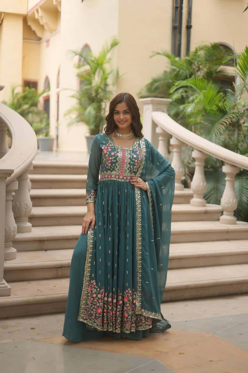 "Elegant Faux Georgette Kurti & Sharara Set with Sequins Dupatta"