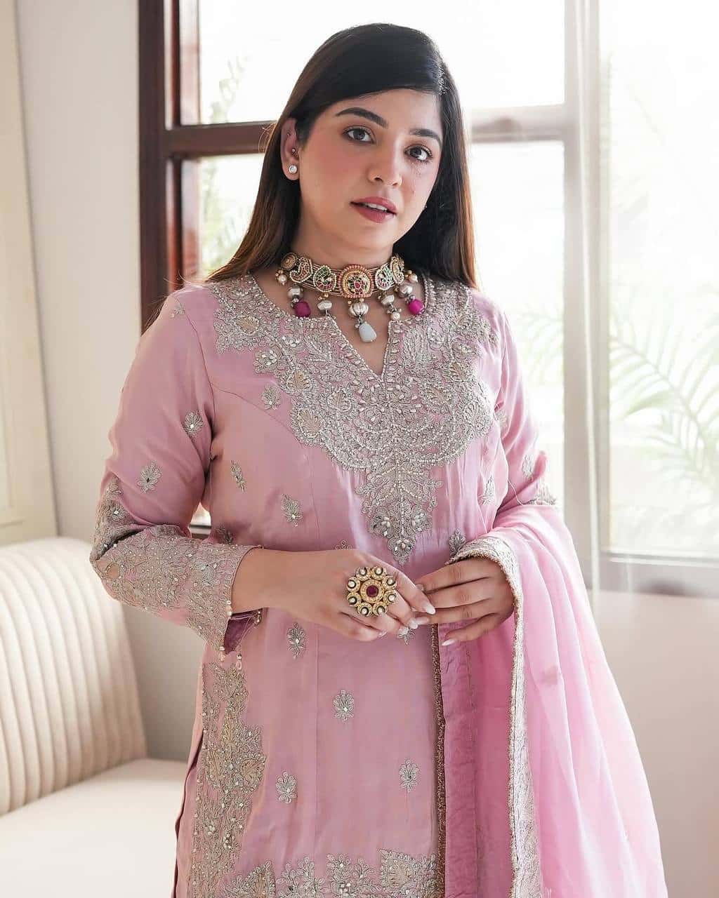Heavy Chinon Silk with heavy embroidery sequence work Kurta Sharara with Dupatta