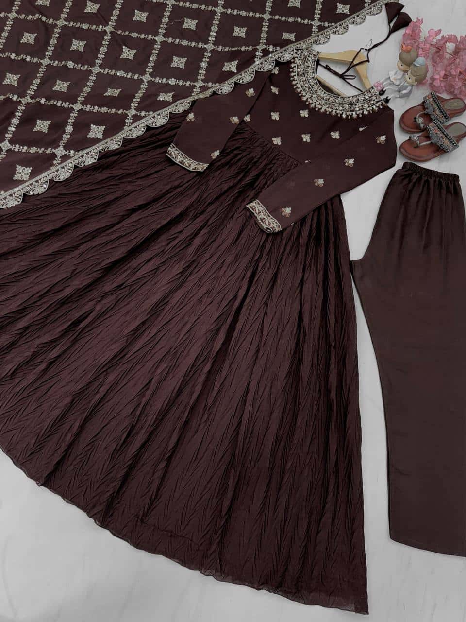 "Elegant Pur Crush Chinon Silk Embroidered Gown Set with Tassels, Dupatta, and Micro Cotton Inner"