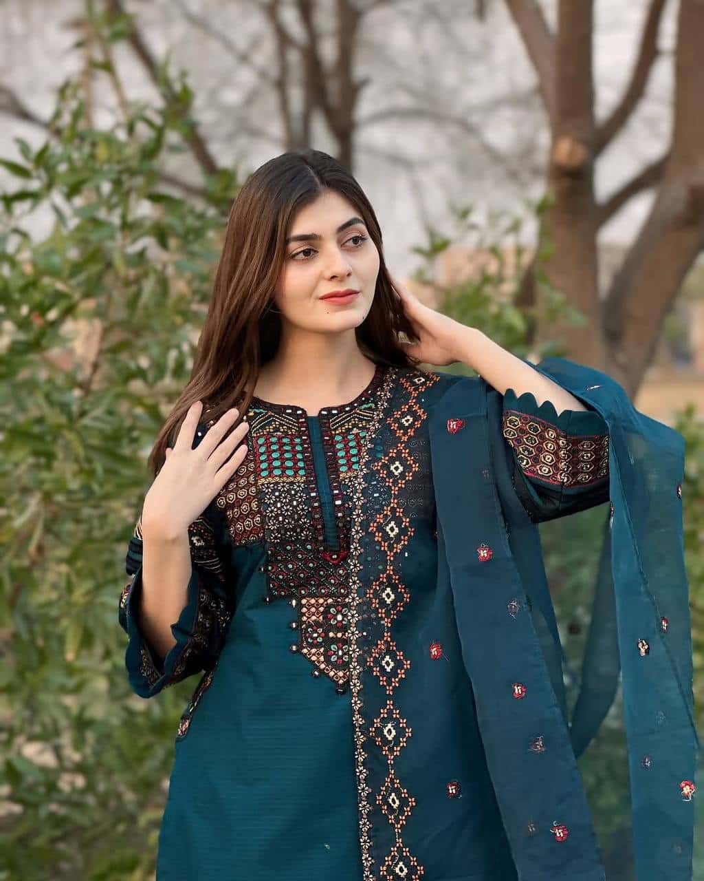 Roman silk foil paper work kurta set with organza dupatta