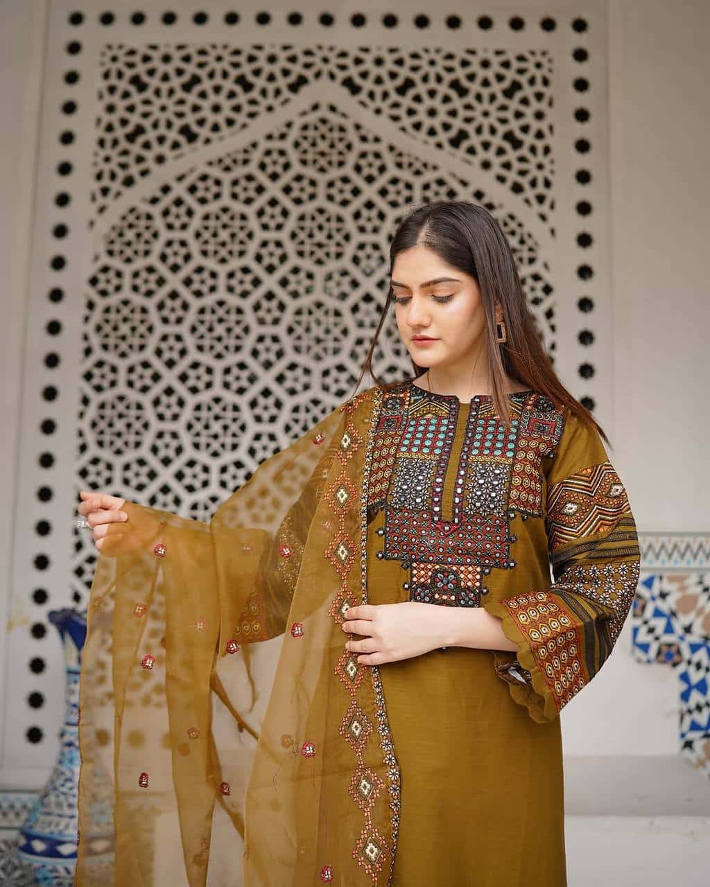 Roman silk foil paper work kurta set with organza dupatta