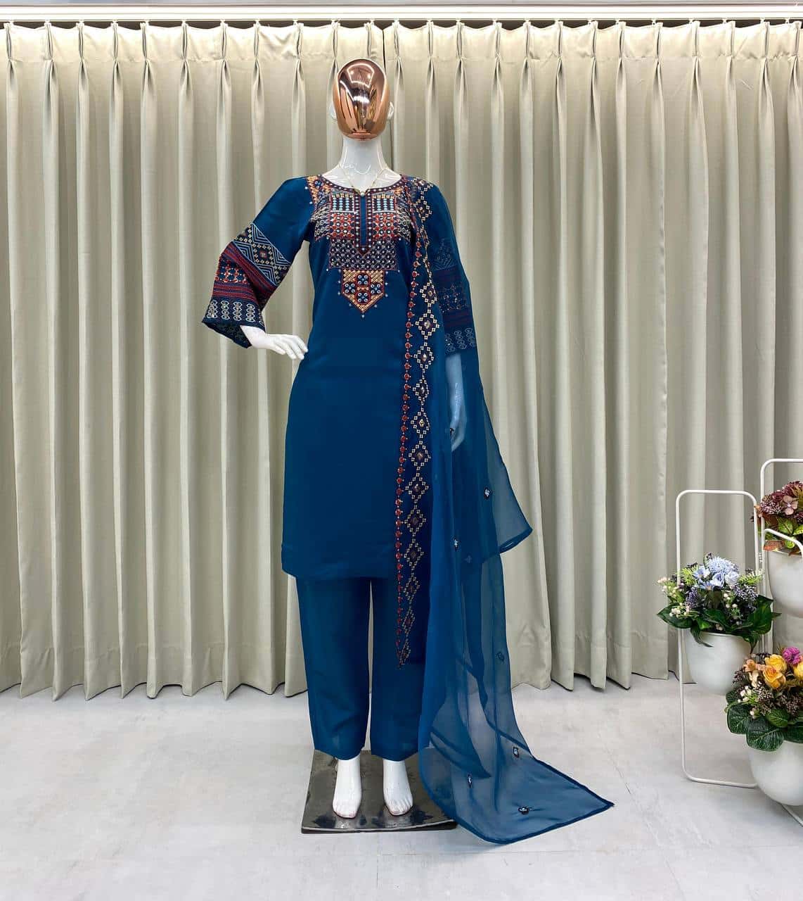Roman silk foil paper work kurta set with organza dupatta