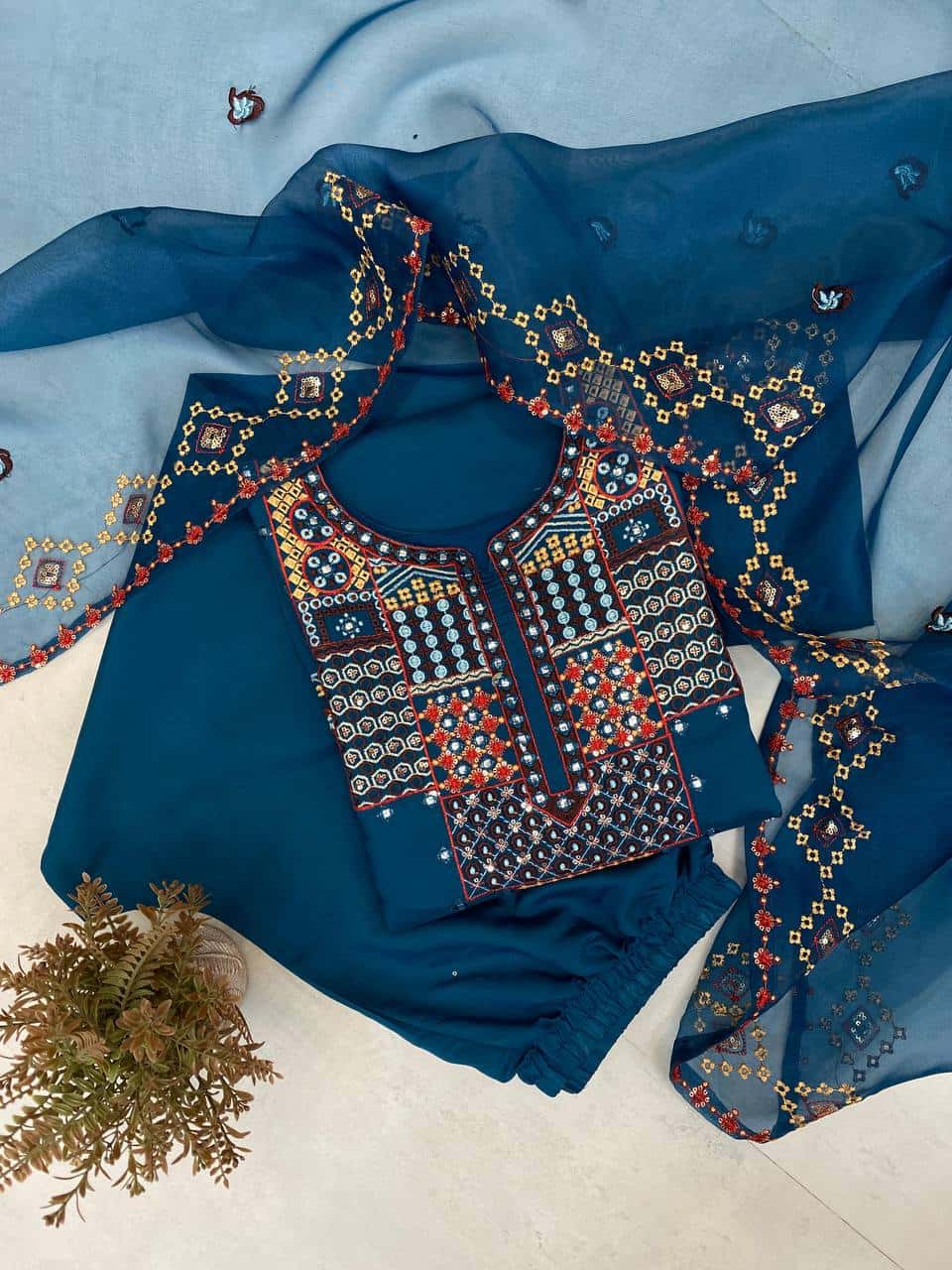 Roman silk foil paper work kurta set with organza dupatta