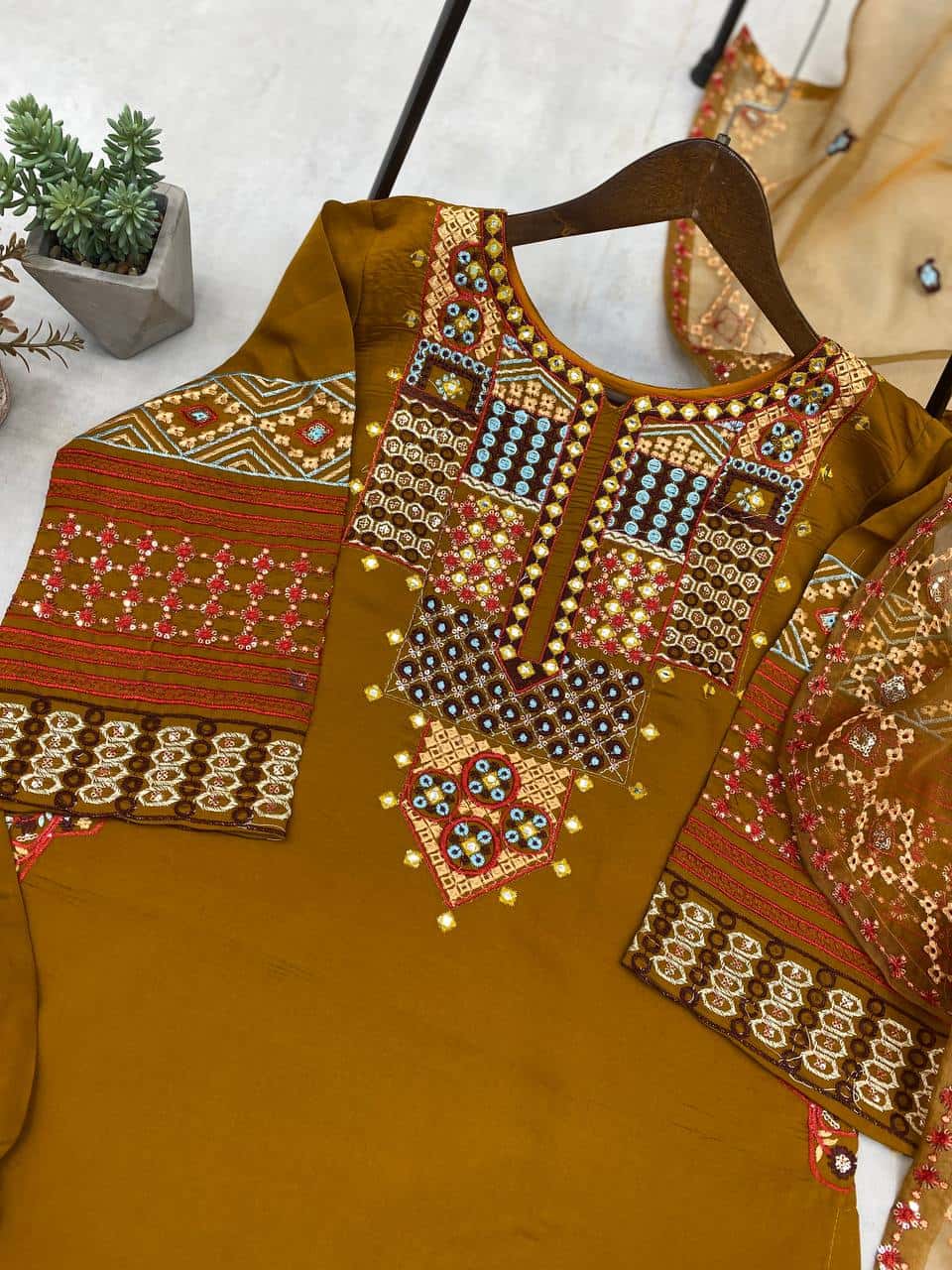 Roman silk foil paper work kurta set with organza dupatta