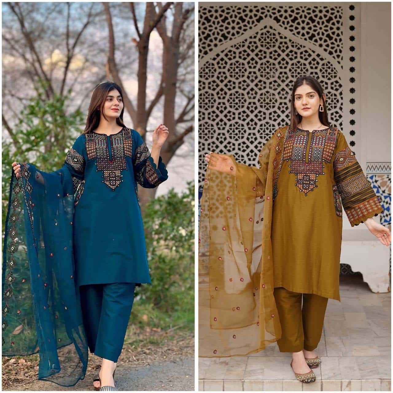 Roman silk foil paper work kurta set with organza dupatta