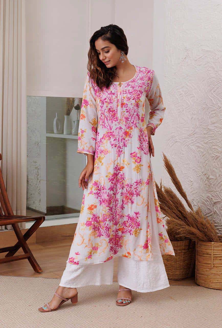 Thread and hand embroidered rayon kurta with palazzo sets