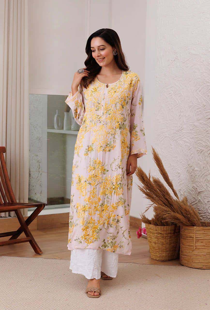 Thread and hand embroidered rayon kurta with palazzo sets