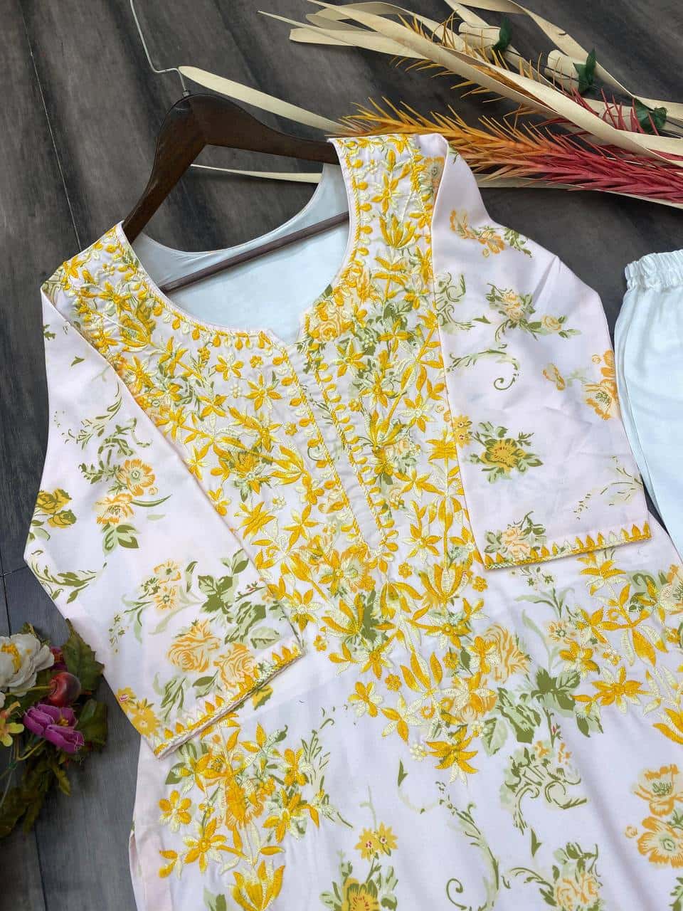 Thread and hand embroidered rayon kurta with palazzo sets