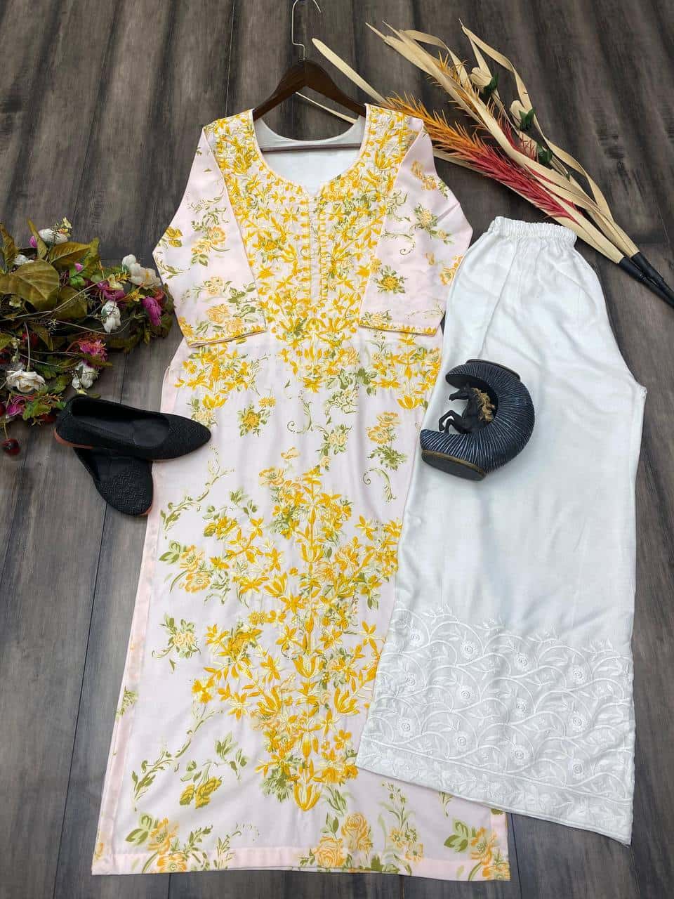 Thread and hand embroidered rayon kurta with palazzo sets