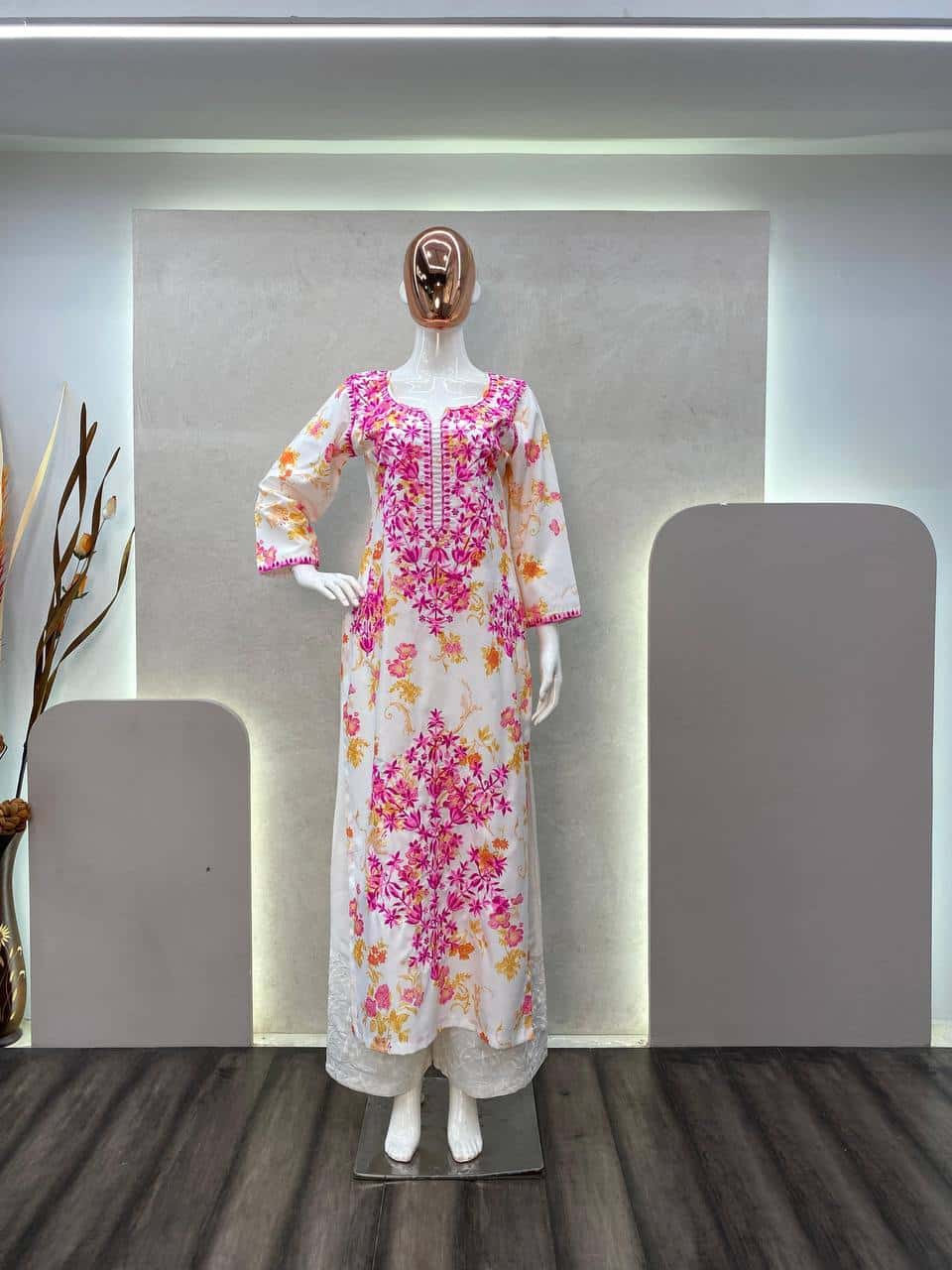Thread and hand embroidered rayon kurta with palazzo sets