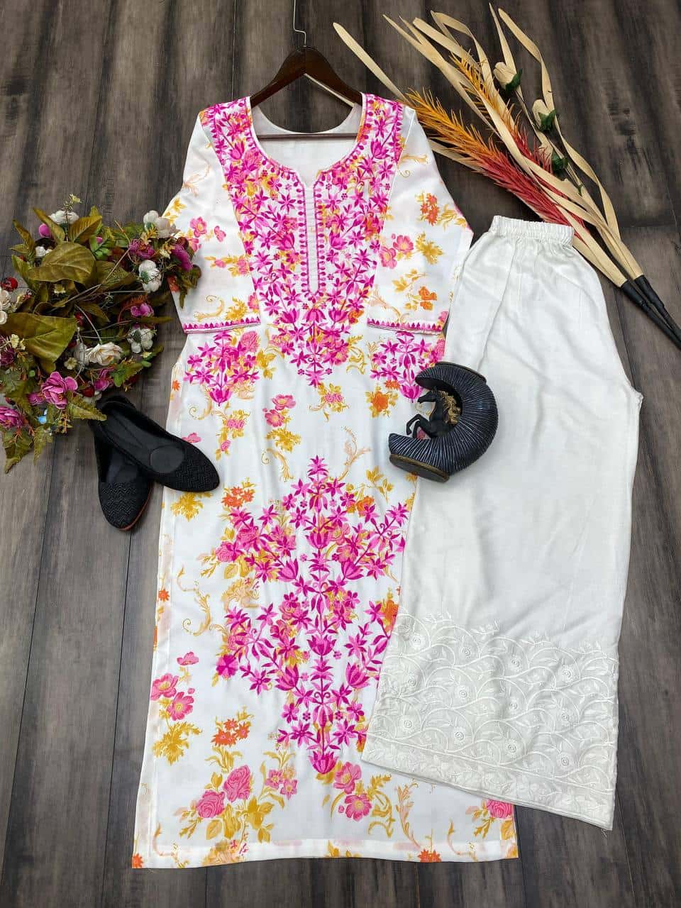 Thread and hand embroidered rayon kurta with palazzo sets