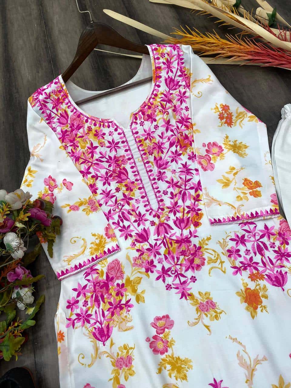 Thread and hand embroidered rayon kurta with palazzo sets
