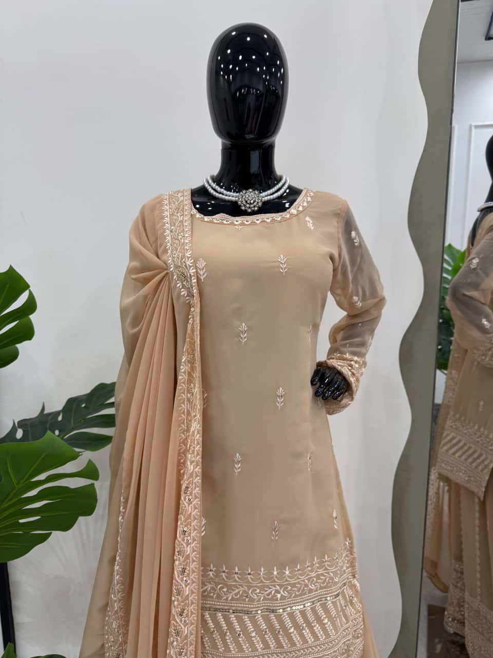 Faux georgette kurta palazzo with dupatta sets