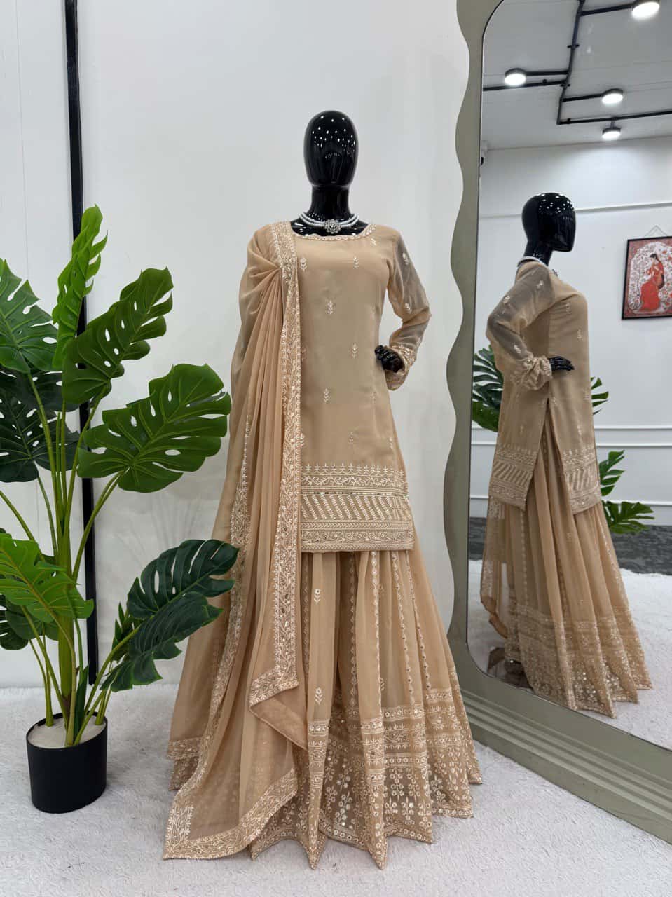 Faux georgette kurta palazzo with dupatta sets