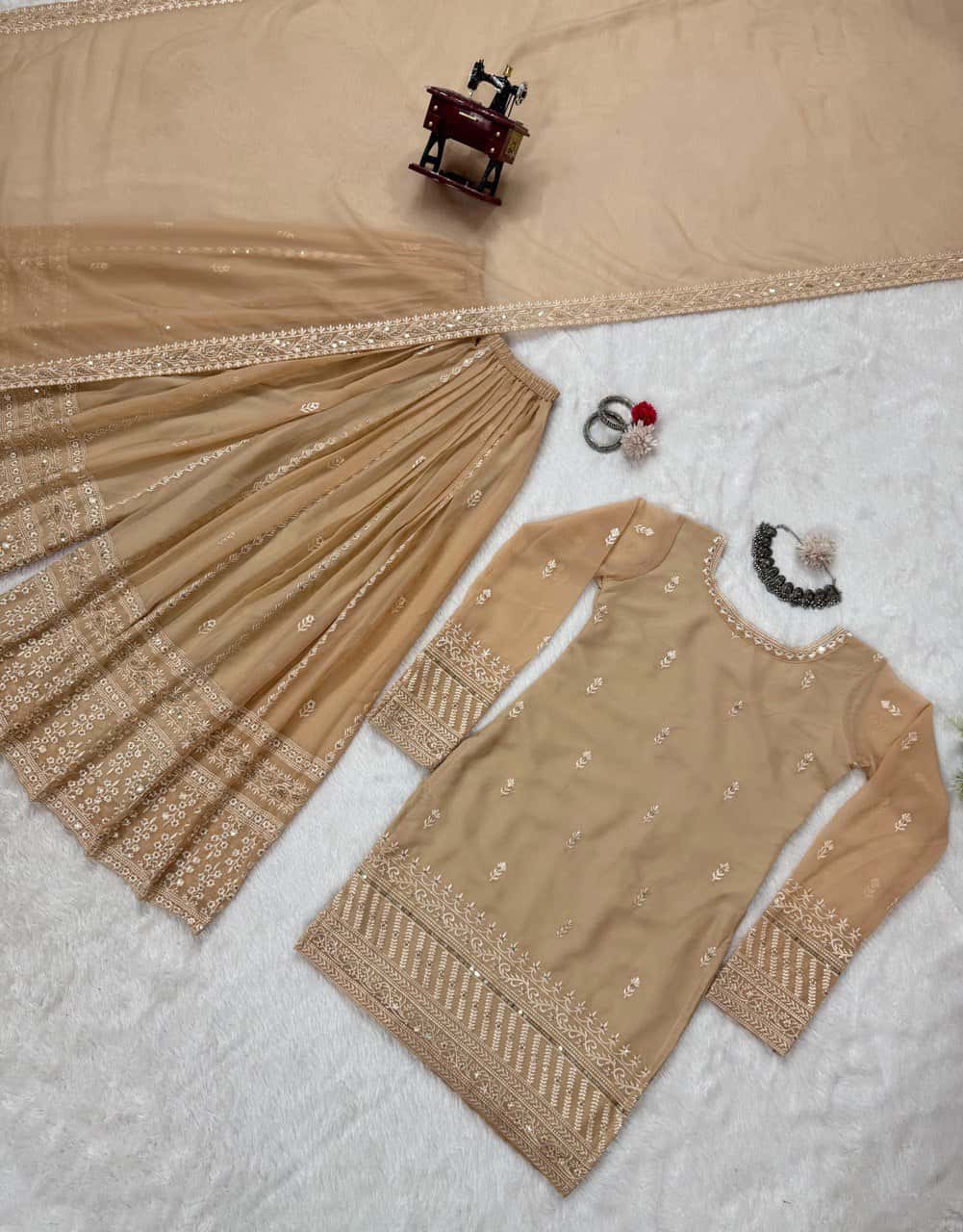 Faux georgette kurta palazzo with dupatta sets