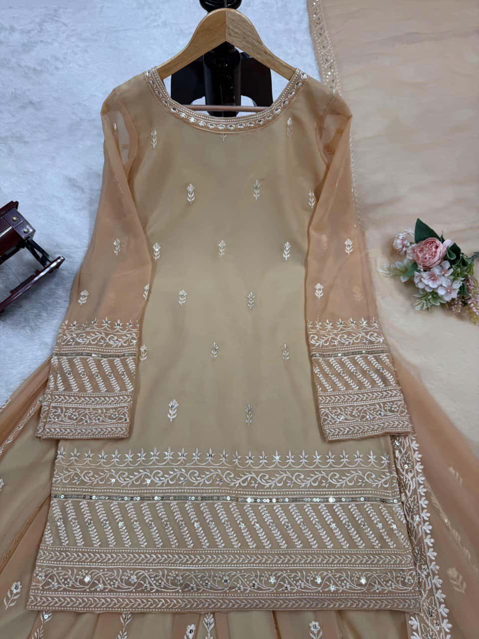 Faux georgette kurta palazzo with dupatta sets