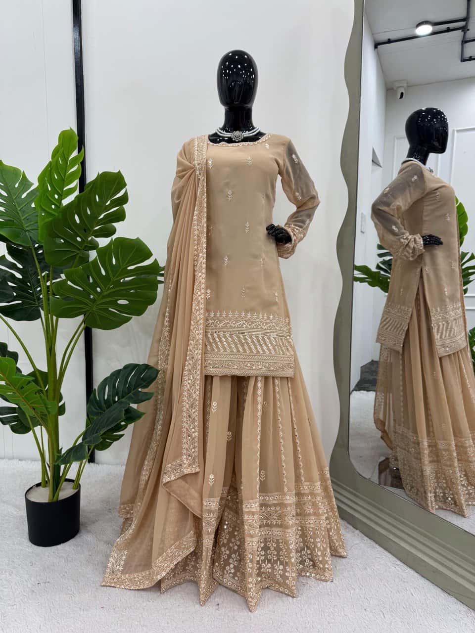 Faux georgette kurta palazzo with dupatta sets