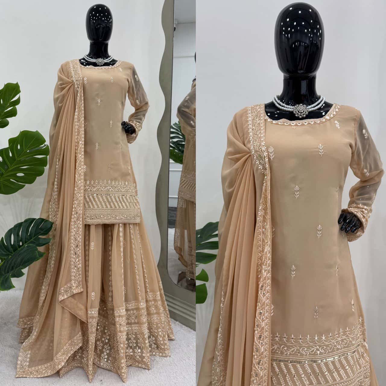 Faux georgette kurta palazzo with dupatta sets