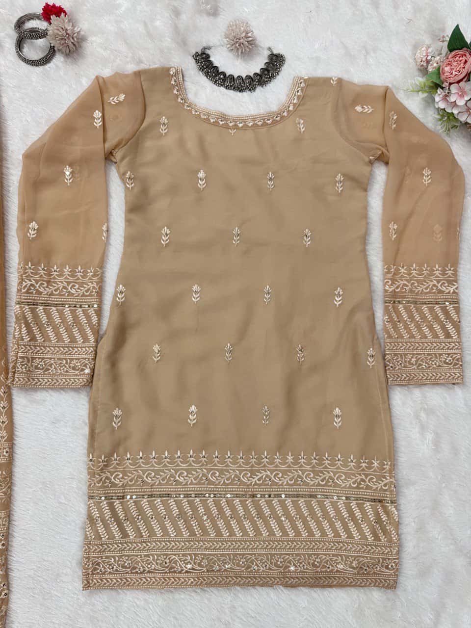 Faux georgette kurta palazzo with dupatta sets