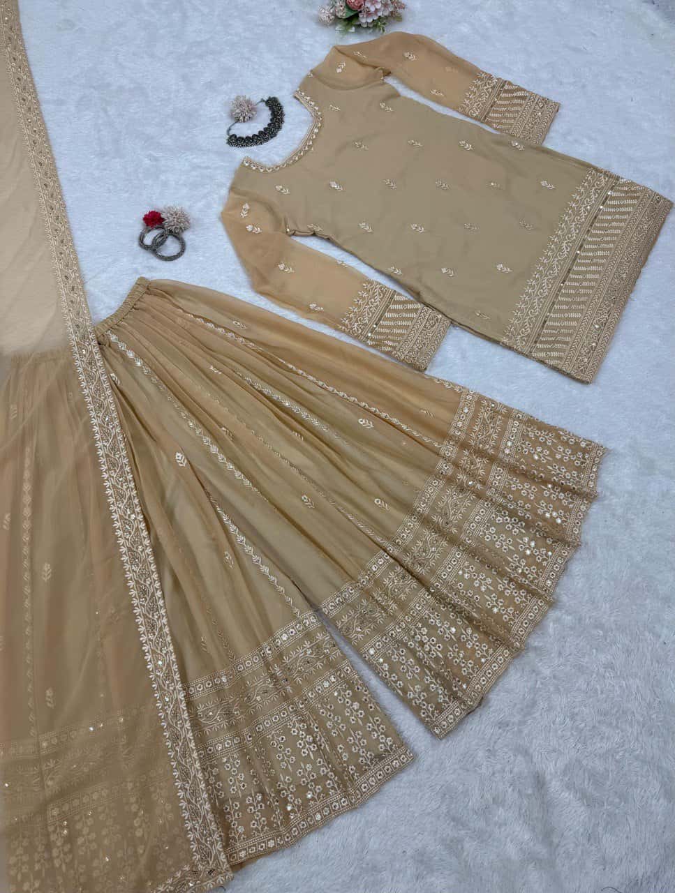 Faux georgette kurta palazzo with dupatta sets