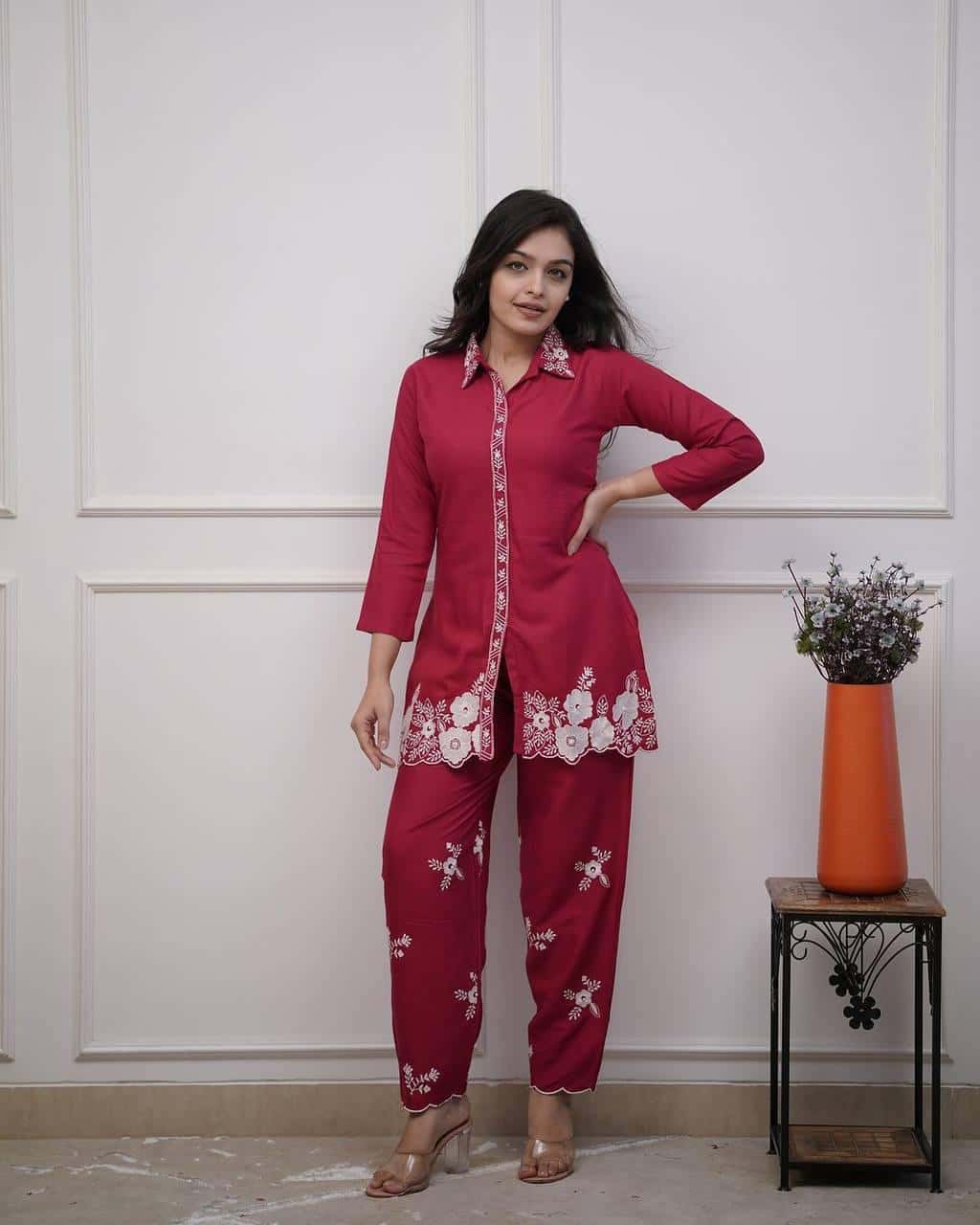 Rayon hand embroidered co-ord set for women and girls