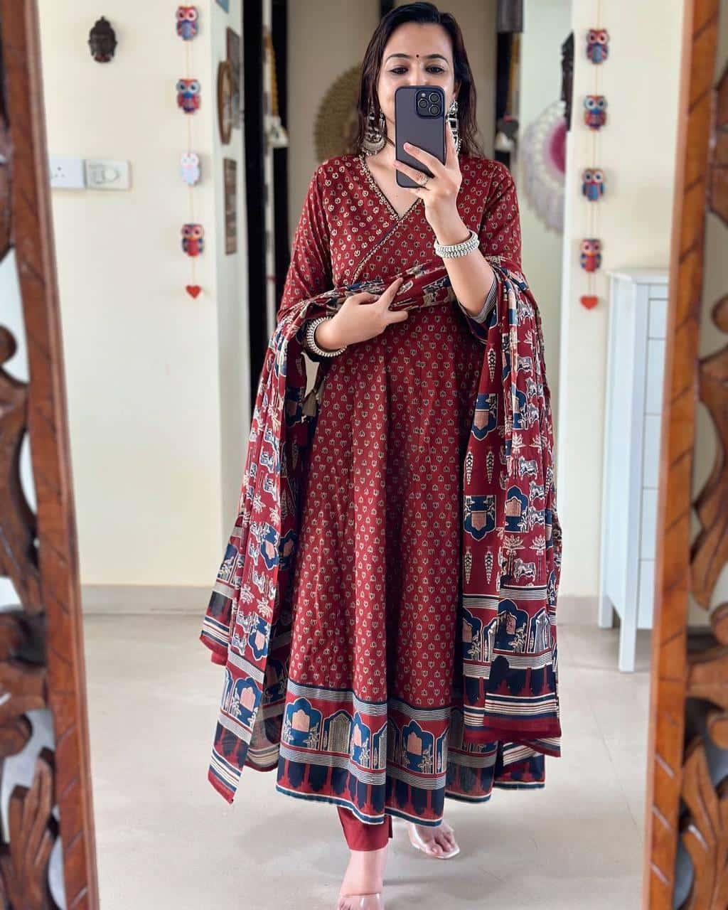 Block print pure cotton anarkali kurta pant with dupatta sets