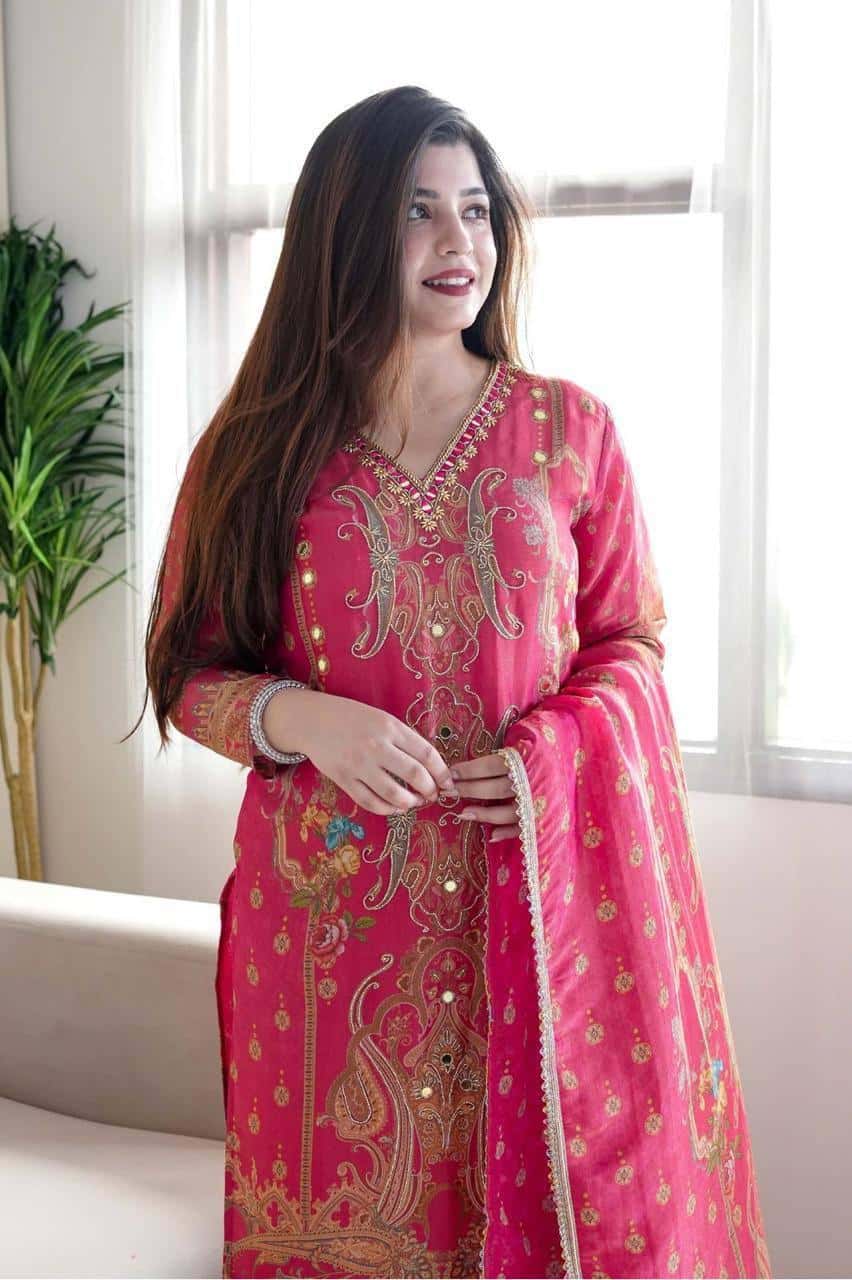Satin silk stone work and printed kurta pant with dupatta set,Plus sizes is also available