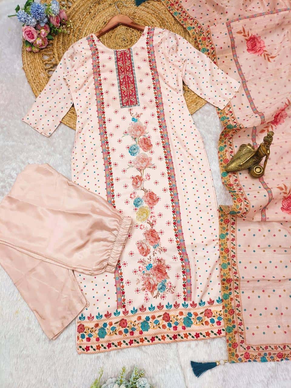 Women's designer printed and embroidered satin silk straight kurta pant with dupatta sets