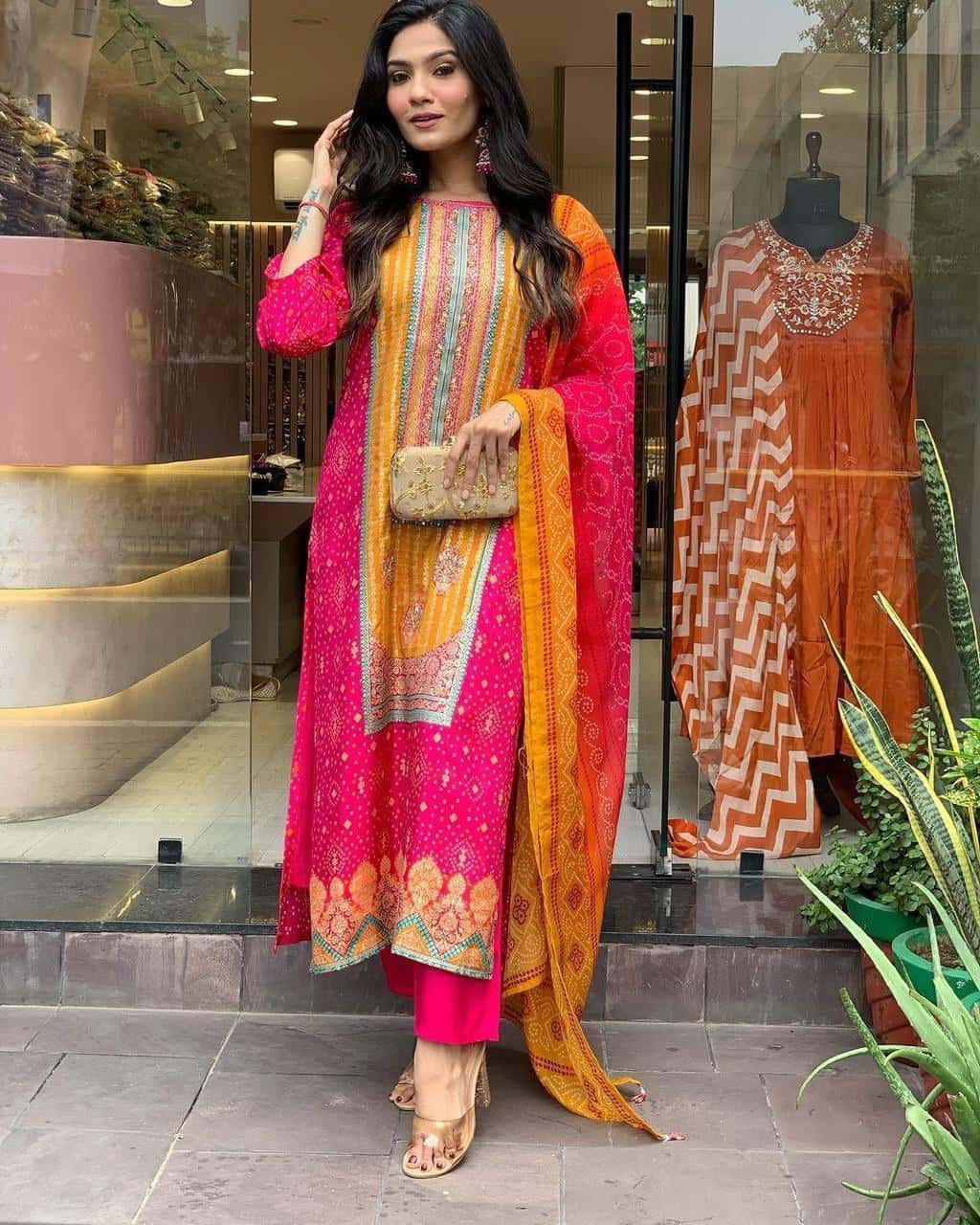 Printed satin silk plus sizes kurta pant with dupatta sets