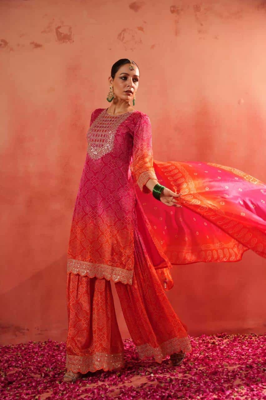 Pure Chinon Silk Kurta Sharara With Dupatta
