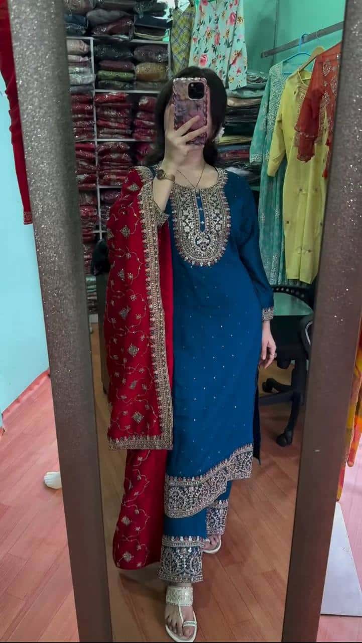 Pure heavy chinnon silk kurta palazzo suit sets