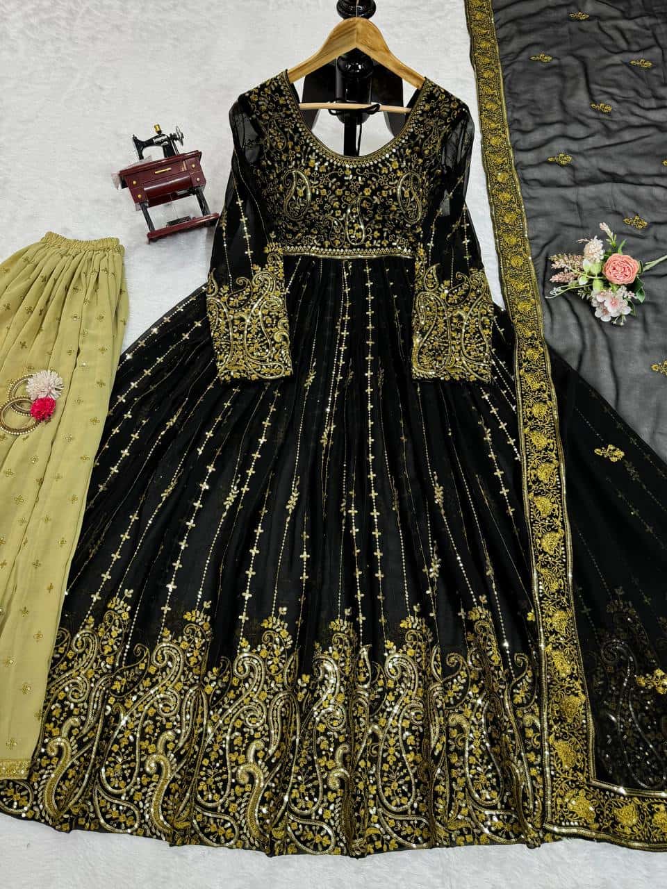Heavy wedding wear faux georgette gown palazzo with net dupatta sets