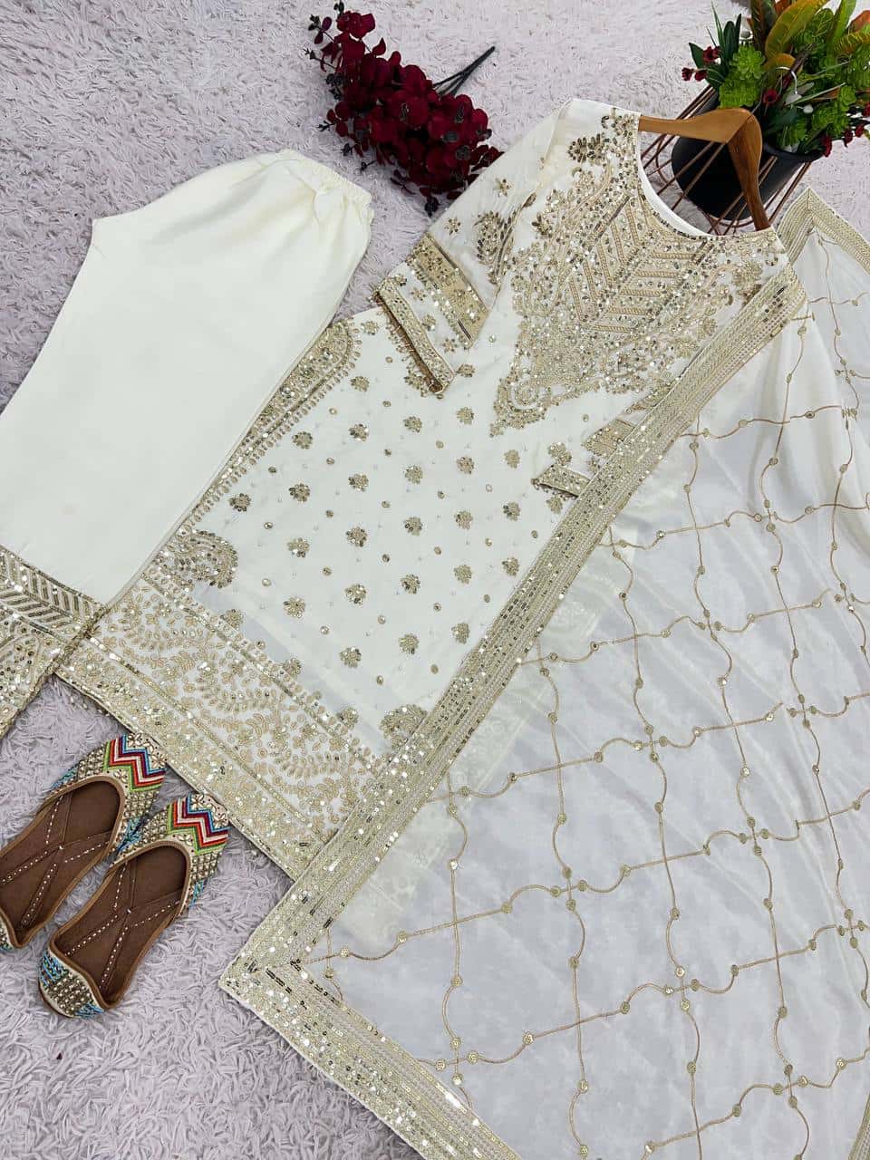 New Collection In heavy Chinnon With Heavy Embroidery Sequence Work Top-Bottom And Dupatta Set Fully Stitched Ready To Wear
